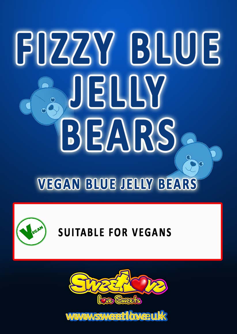 Vending label for VEGAN Fizzy Blue Jelly Bears.